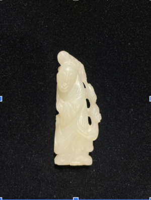 White Nephrite jade toggle of woman with ling zhi fungus
