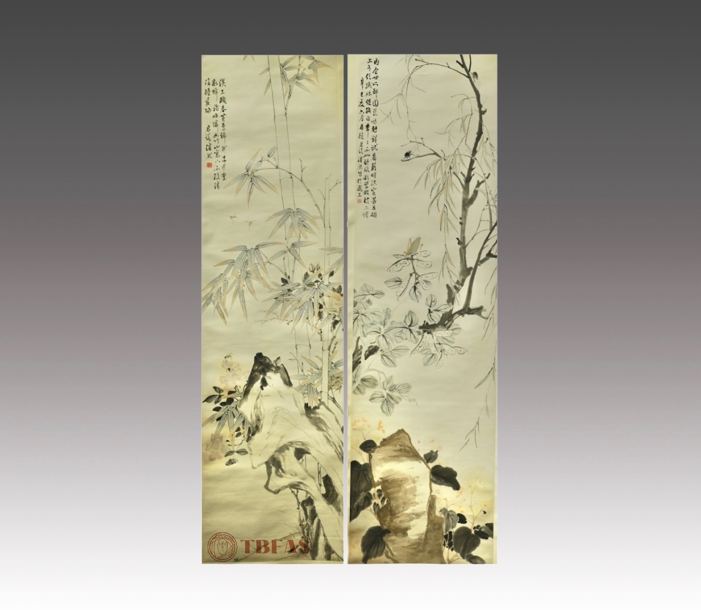 Pair of scrolls with Bamboo & Insects