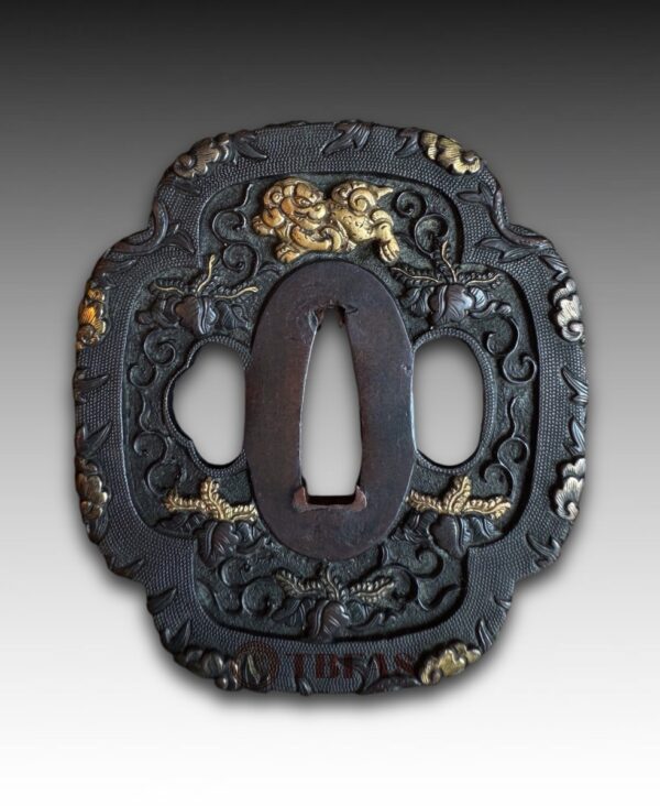 Bronze Tsuba with Gold Overlay and Nanako Ground