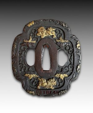 Bronze Tsuba with Gold Overlay and Nanako Ground