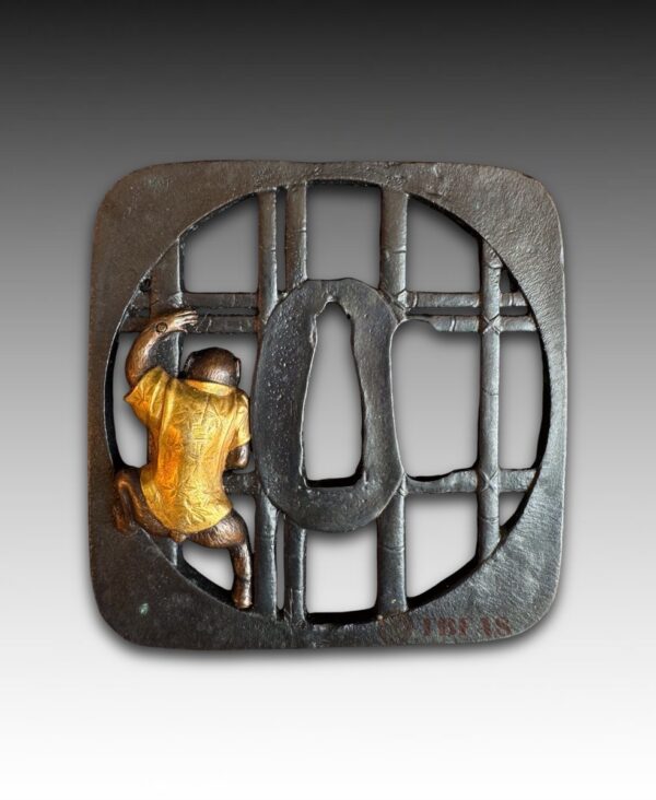 Bronze Tsuba with Multiple Alloy Monkey in a Cage Design