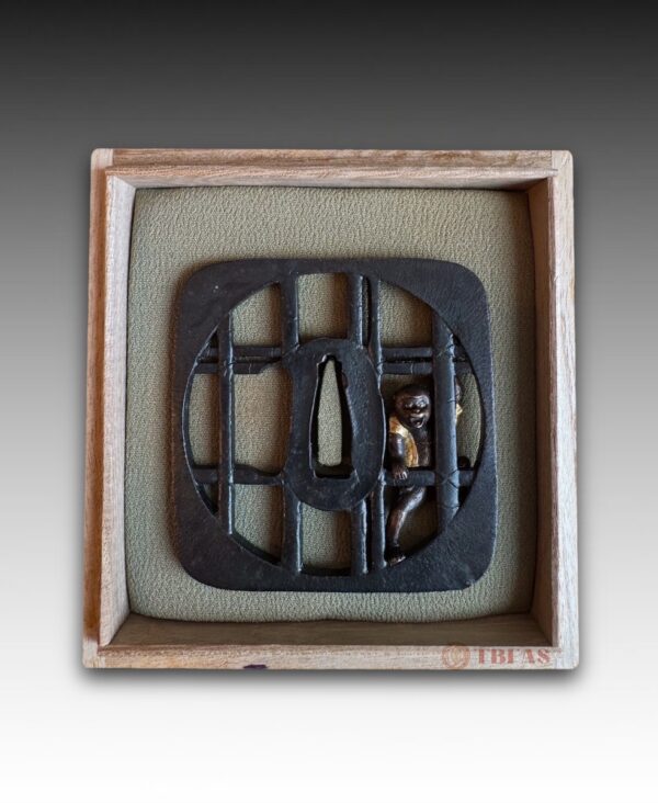 Bronze Tsuba with Multiple Alloy Monkey in a Cage Design