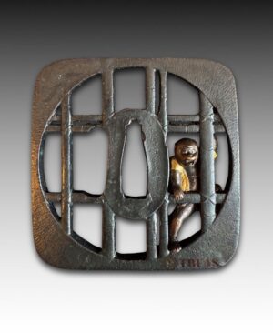 Bronze Tsuba with Multiple Alloy Monkey in a Cage Design