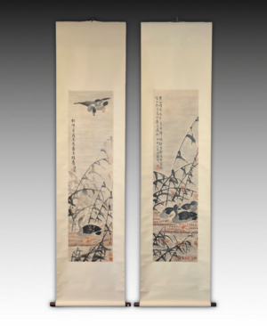 Pair of scrolls with Bamboo & Ducks