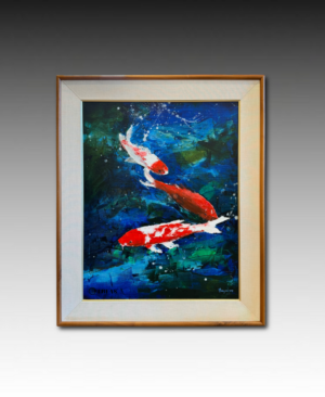 Three Koi in our pond with impressionist splash