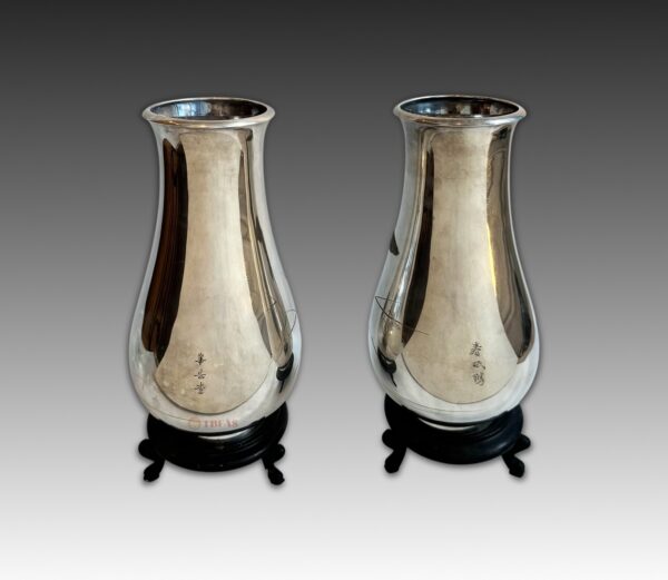 Pair of pure silver presentation vases with Tomo box