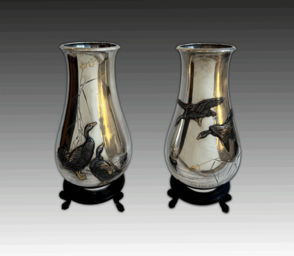 Pair of pure silver presentation vases with Tomo box