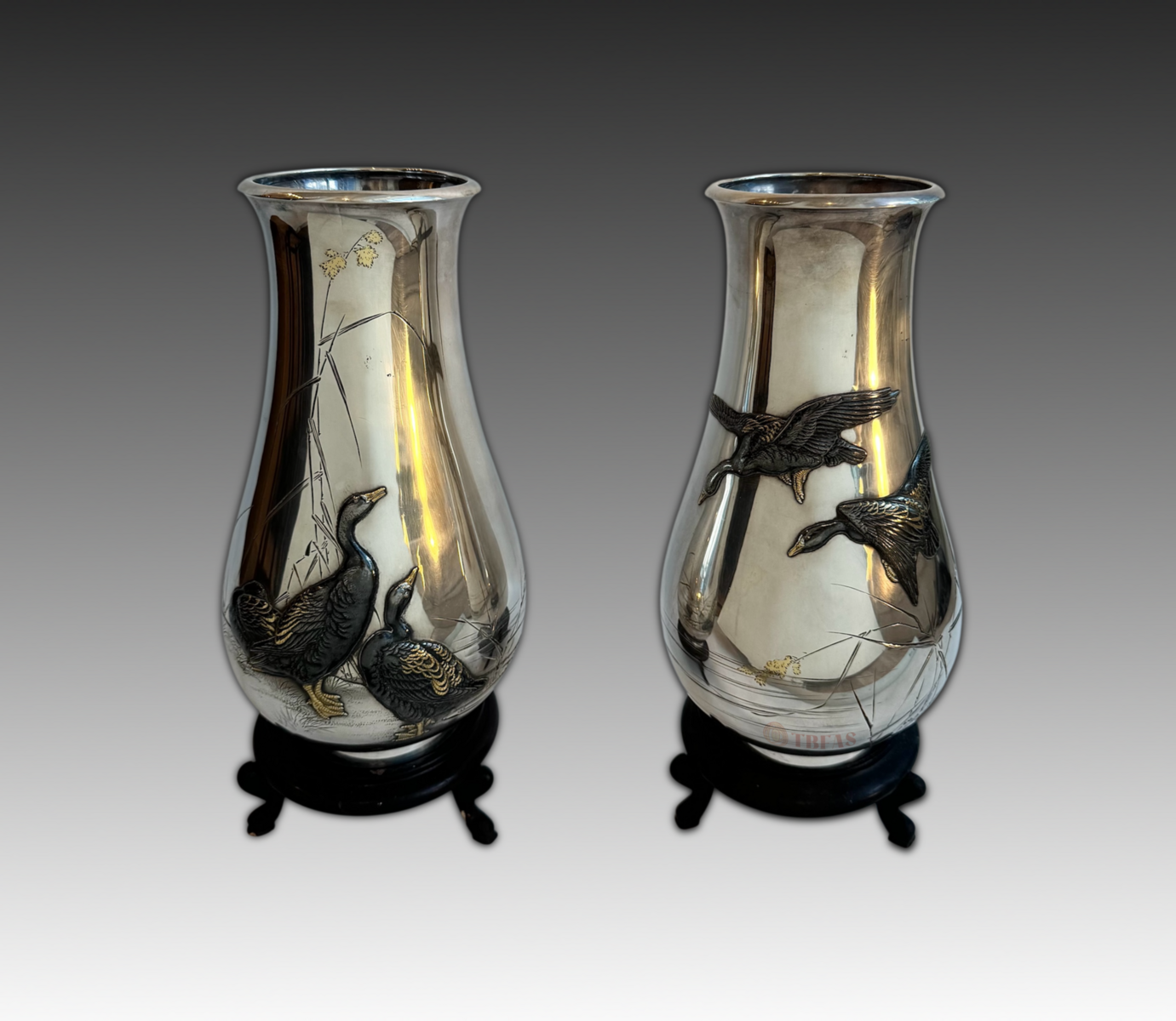 Pair of pure silver presentation vases with Tomo box
